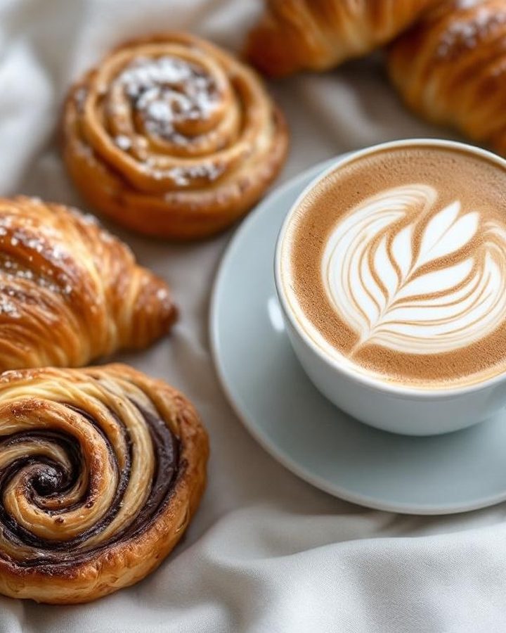 A latte with leaf art surrounded by croissants and swirled pastries on white linen.