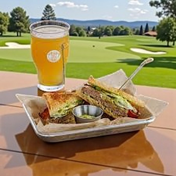 A pint of beer and a toasted sandwich on a patio table with a green golf course and hills behind.
